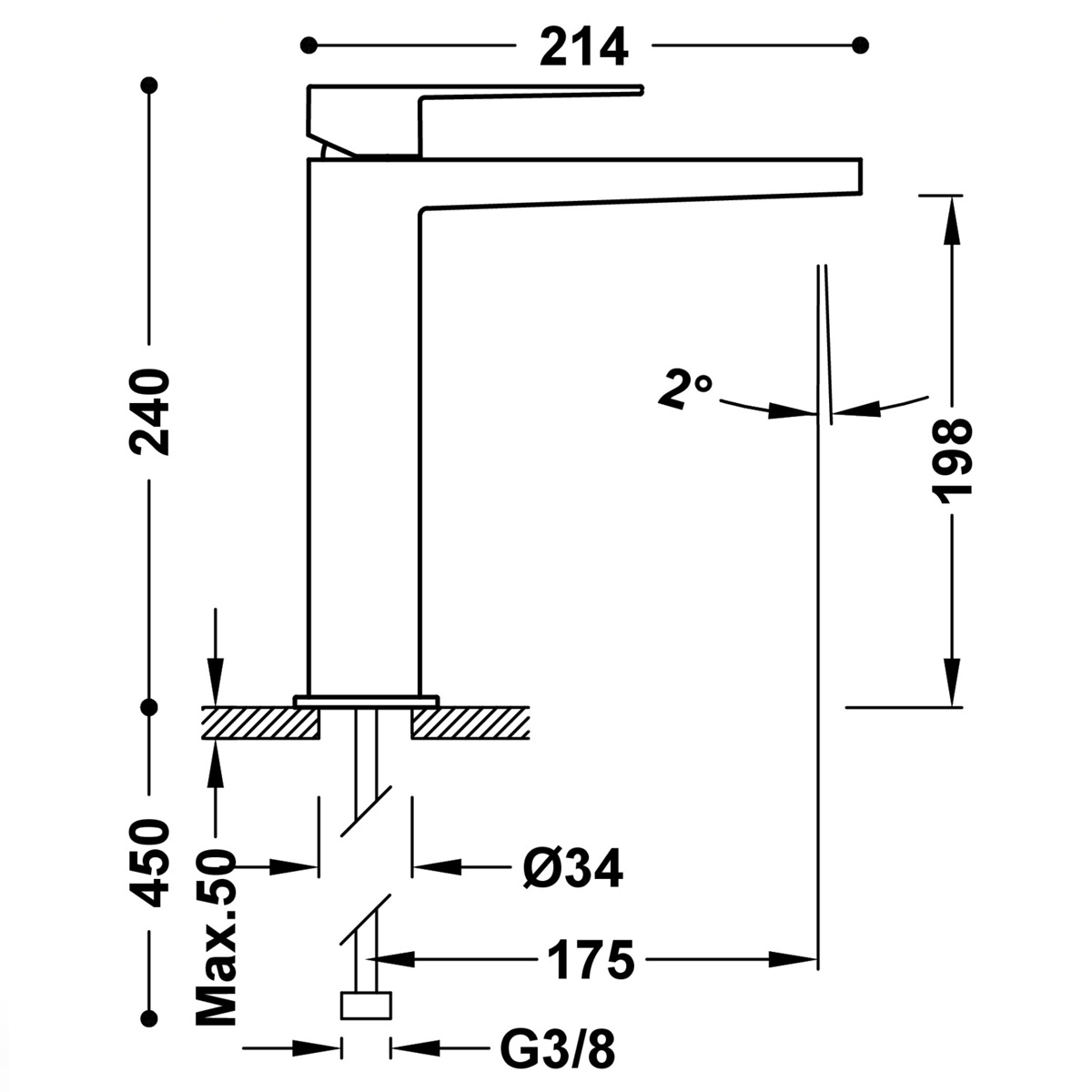 Long single-lever faucet with Slim Exclusive handle