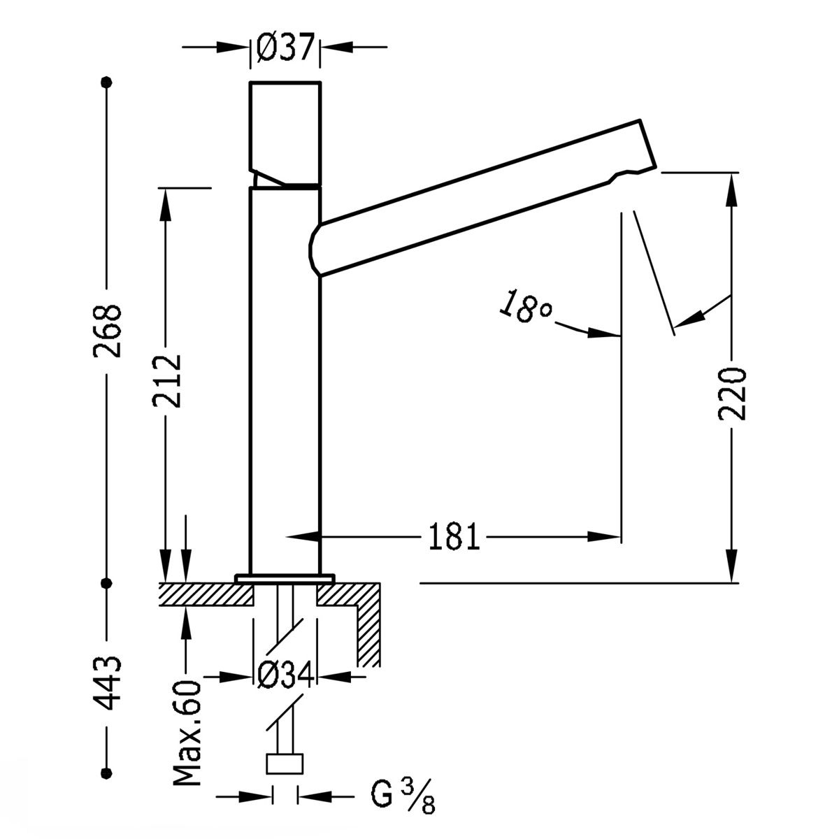 High long spout slanted rounded faucet