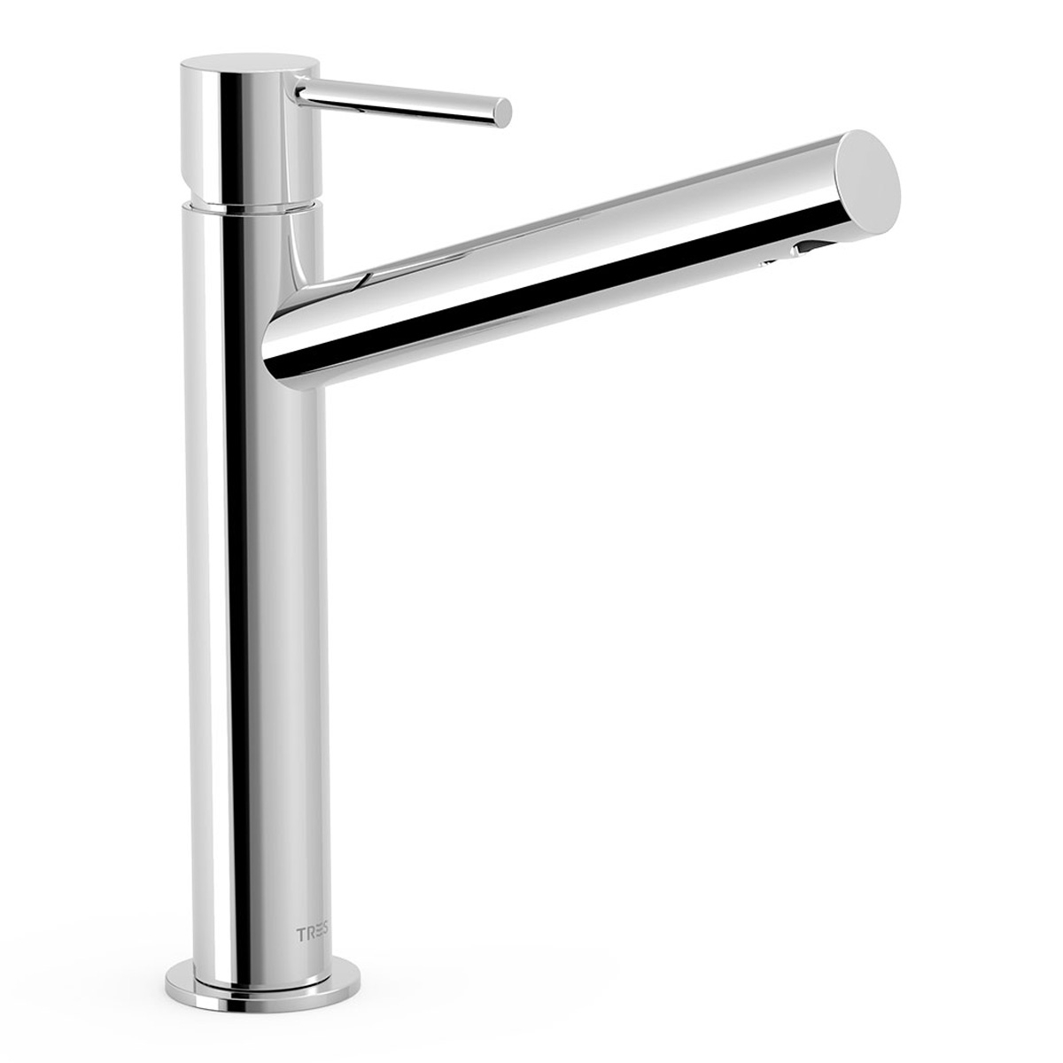 Hoher Wasserhahn mit langer, geneigter Ausguss, abgerundet mit Chromgriff