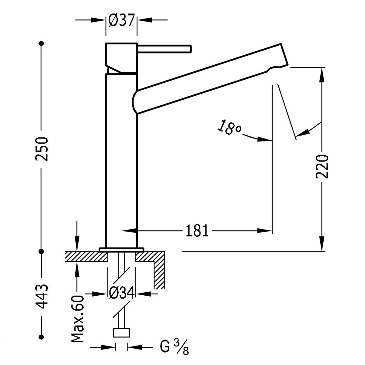 High Tap mit langem, geneigtem Ausguss, der mit Griff abgerundet ist