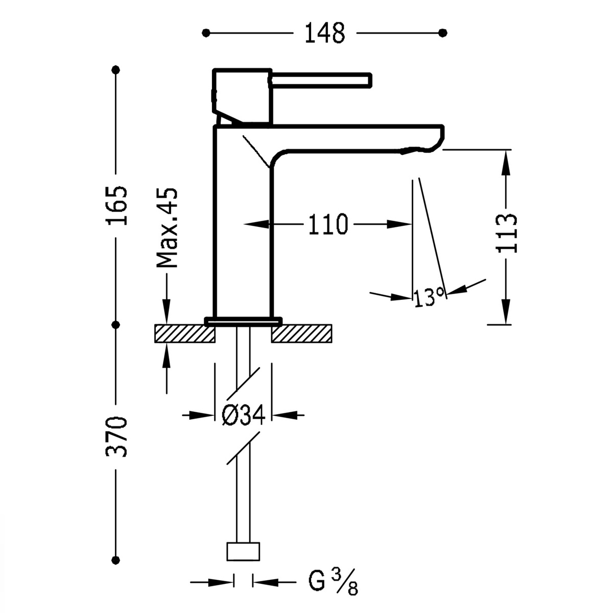 Flat spout tap with handle