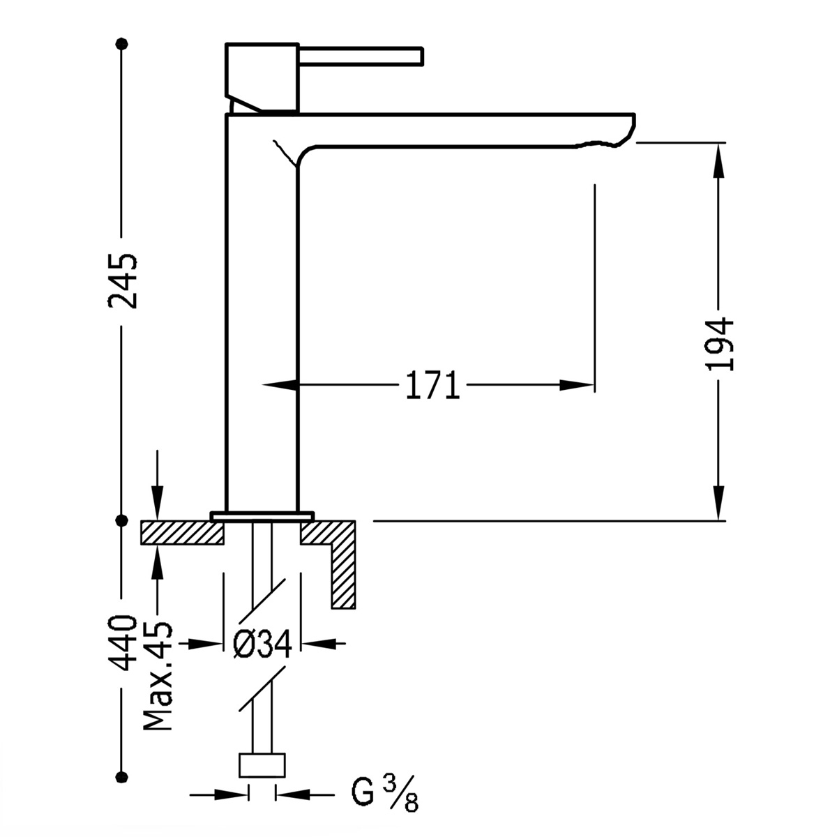 High tap with flat spout and Max handle