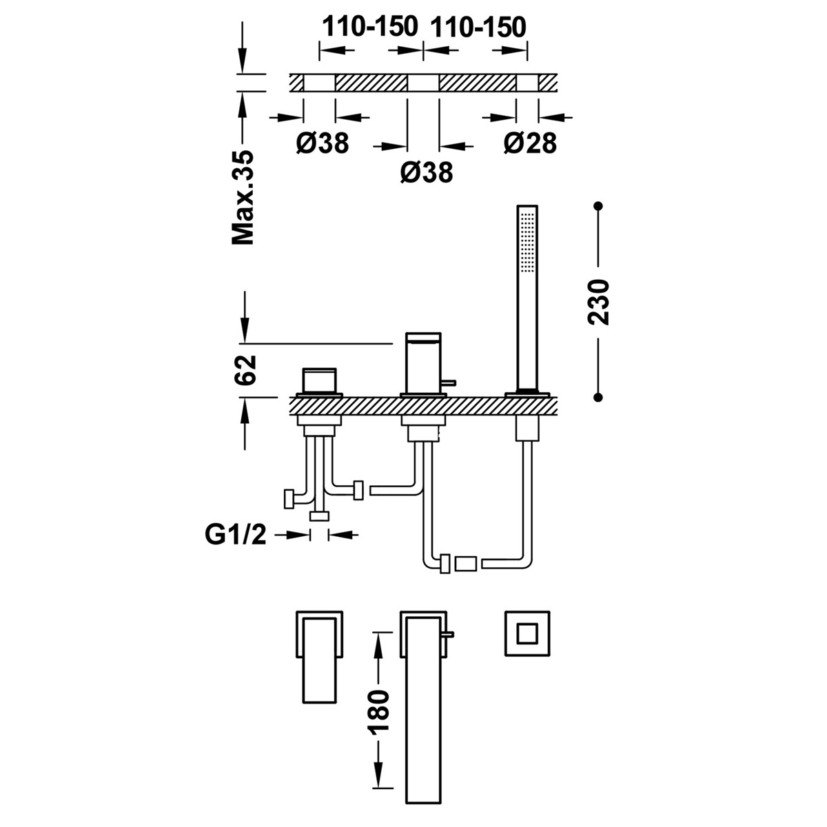 Single-lever faucet with flat handle for bathtub edge Cuadro Exclusive