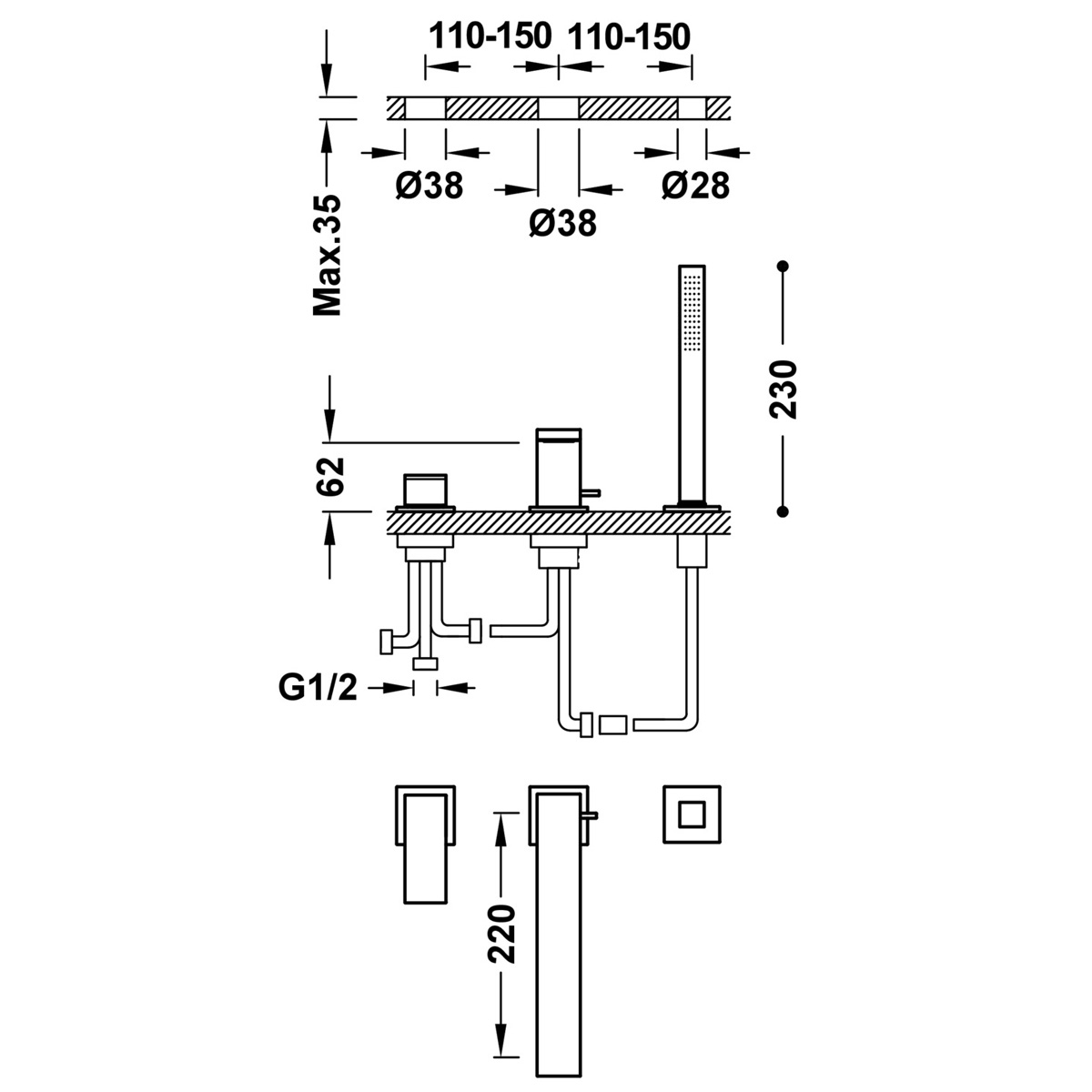 Long single-lever faucet with flat handle for bathtub edge Cuadro Exclusive