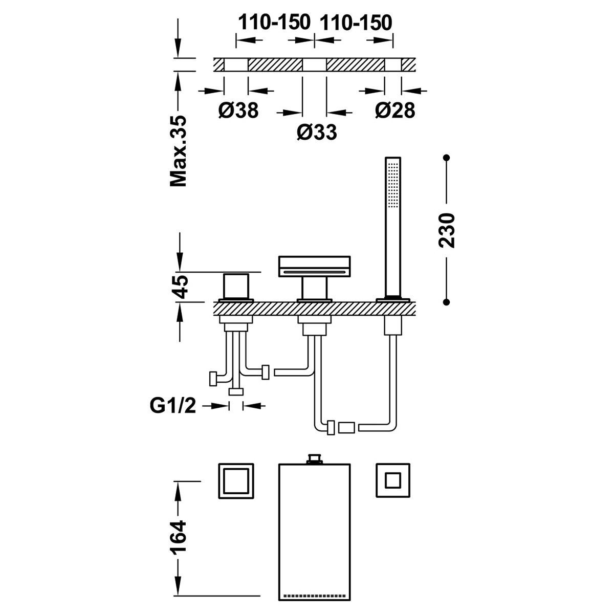 Single-lever faucet with waterfall spout for bathtub edge Cuadro Exclusive