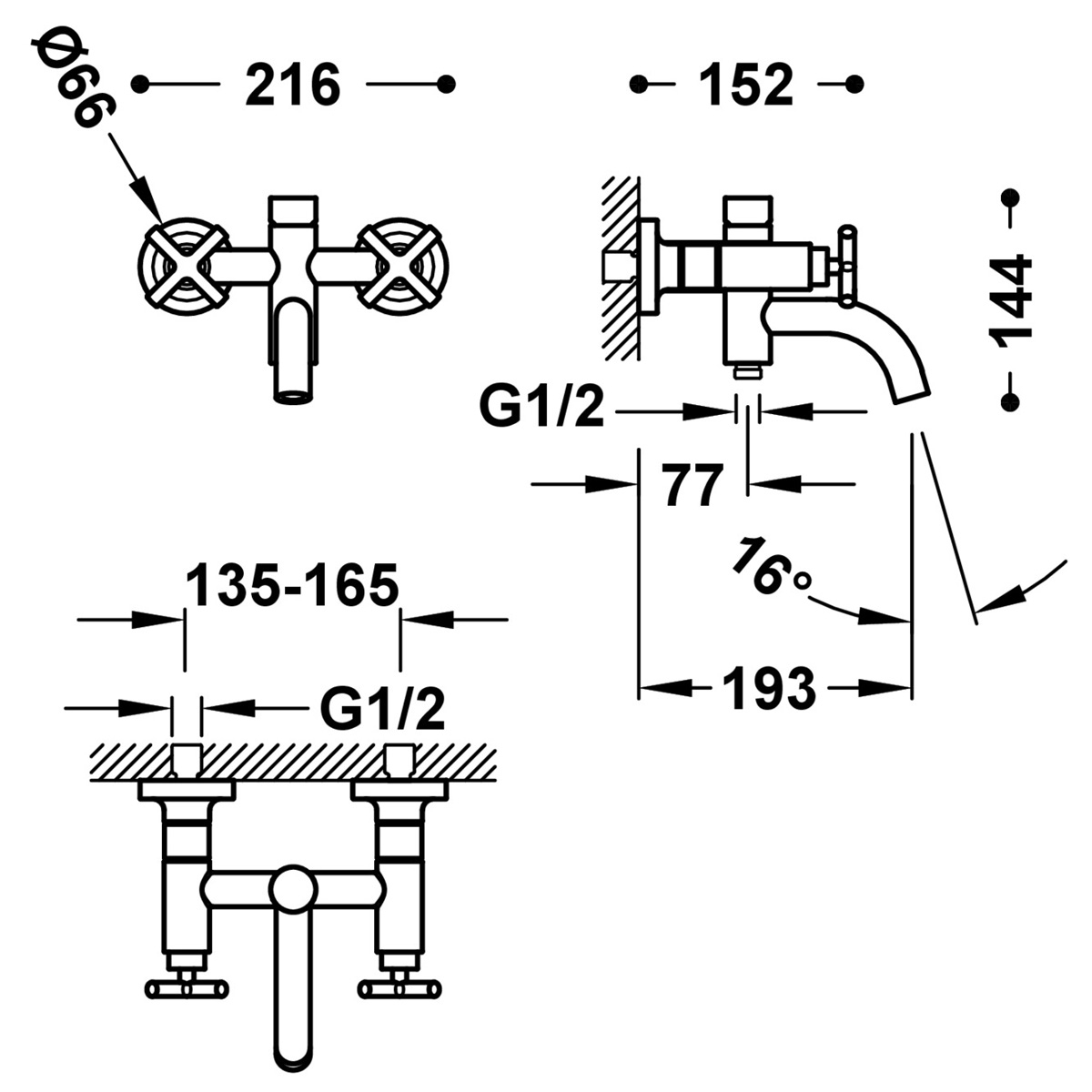 Wall-mounted double-lever faucet with aerator for shower and bathtub Montblanc Series