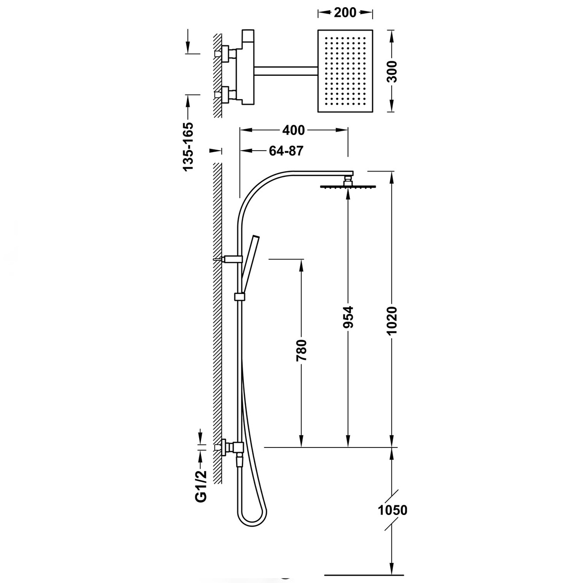Telescopic shower column with square shower head from the Slim Exclusive Series finished