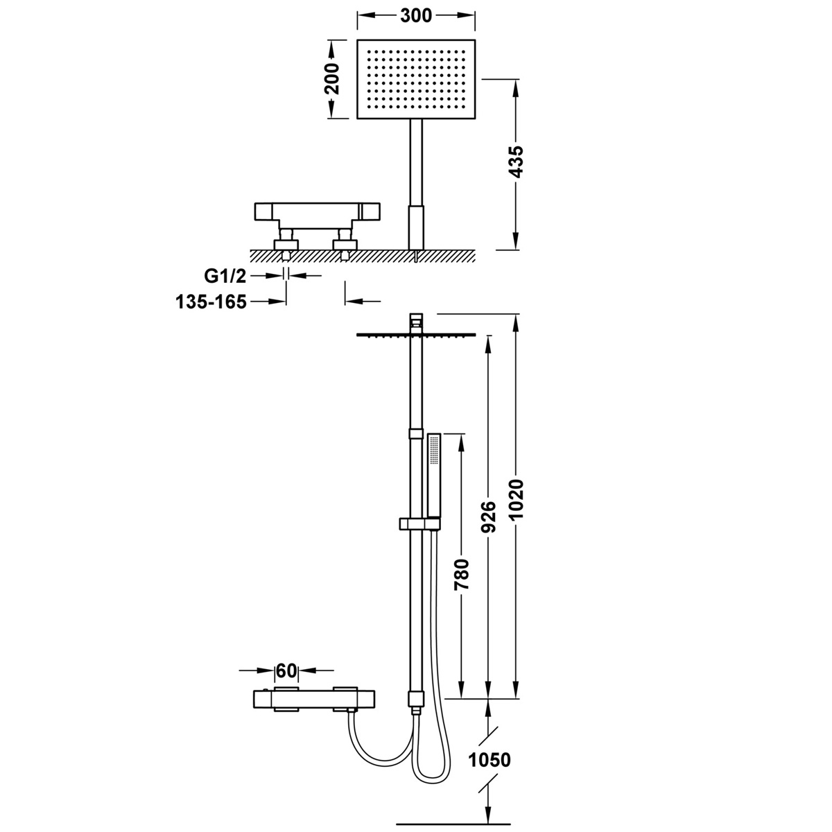 1-way wall-mounted telescopic and thermostatic shower column with shower head in rectangular design from the Slim Exclusive Seri