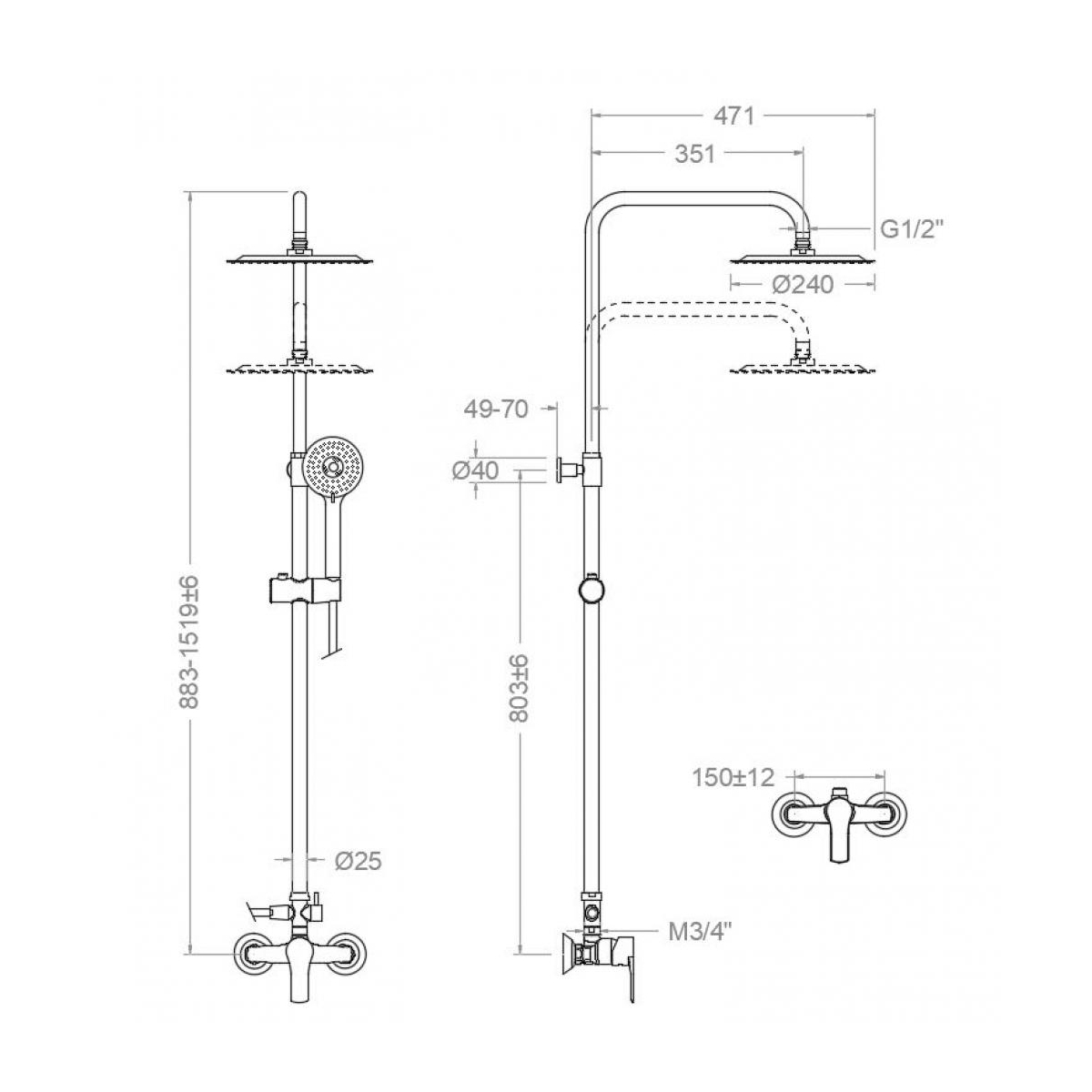 Colonne de douche télescopique avec robinet thermostatique de la série Titanium mesure