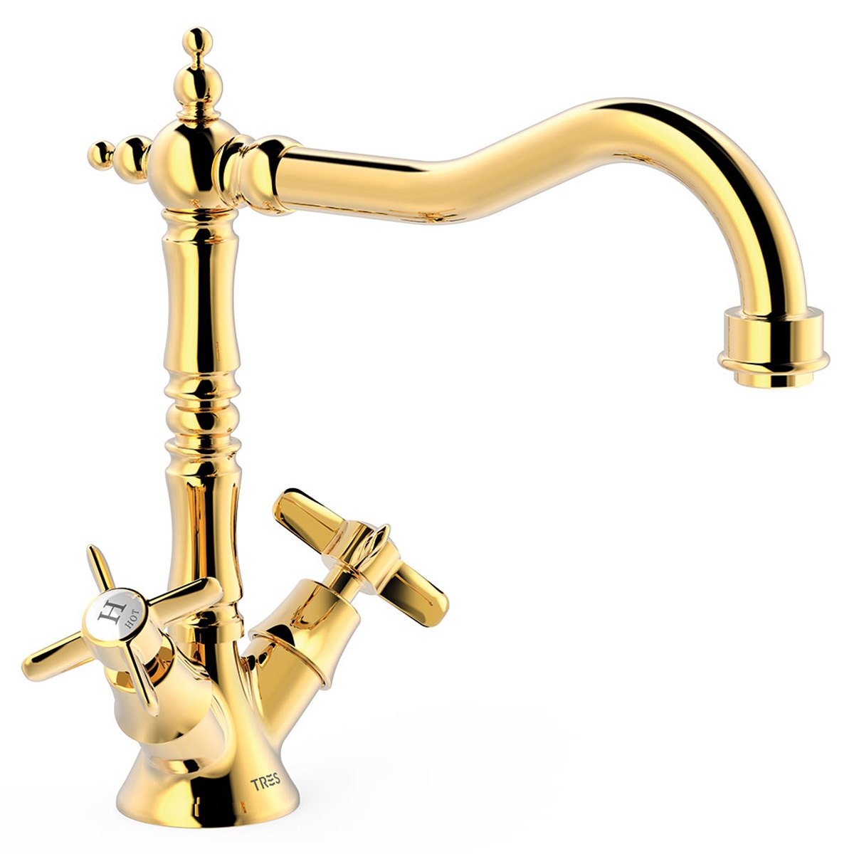 Torneira de duas alavancas estilo vintage para torneiras de cozinha Tres com acabamento dourado