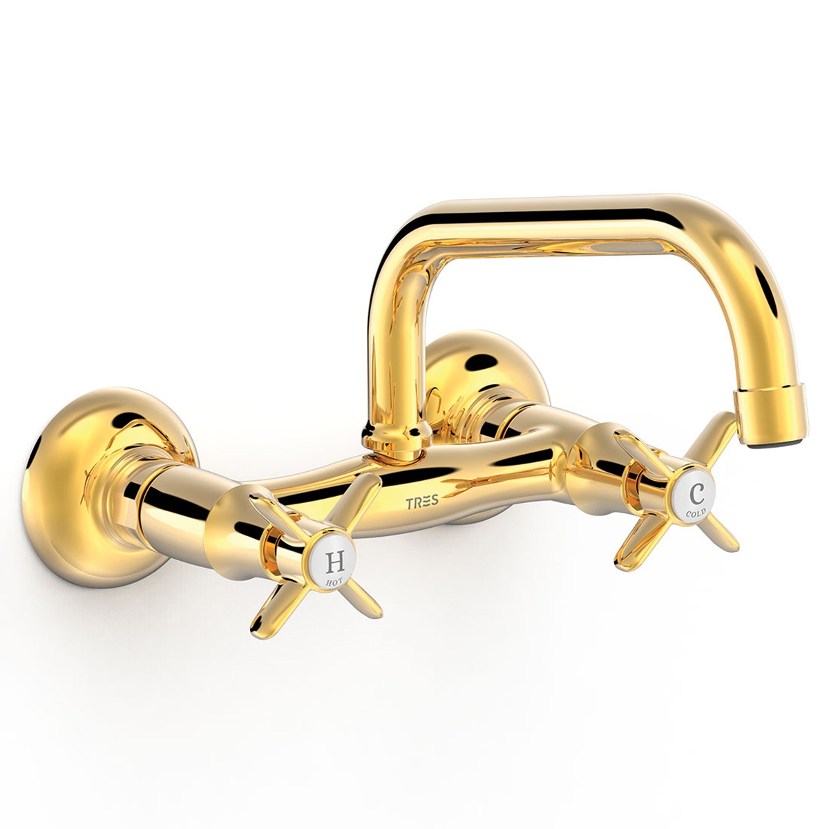 Torneira embutida estilo vintage com bico superior para cozinha Tres com acabamento dourado