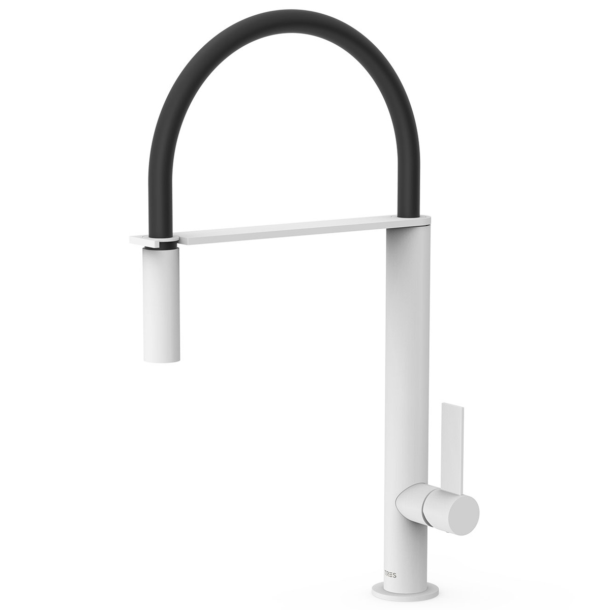 Grifo monomando con caño flexible en diseño redondo de Tres blanco mate