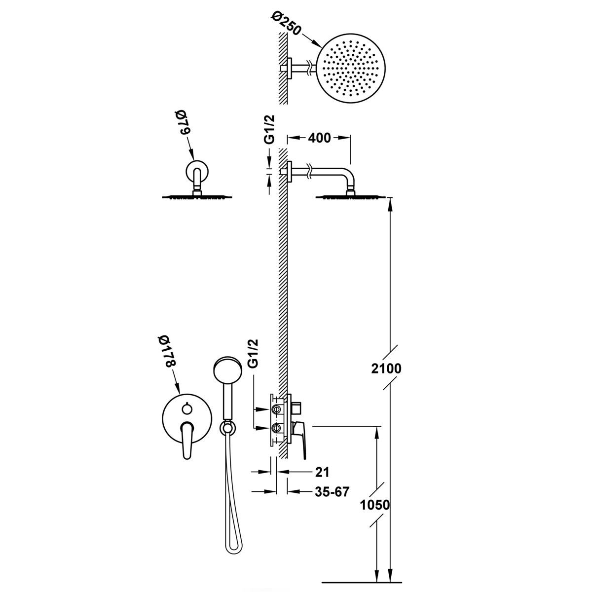 Conjunto de alavanca única com chuveiro embutido no braço para chuveiro da série Flat Essential