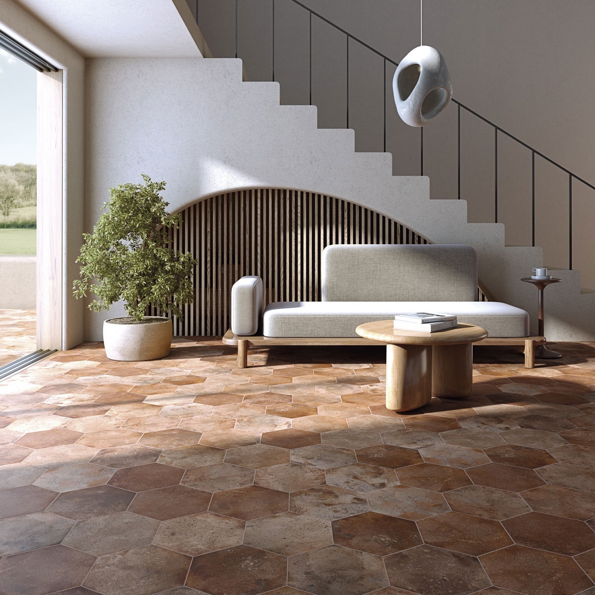 Sala de estar com piso hexagonal Archai Bold R10