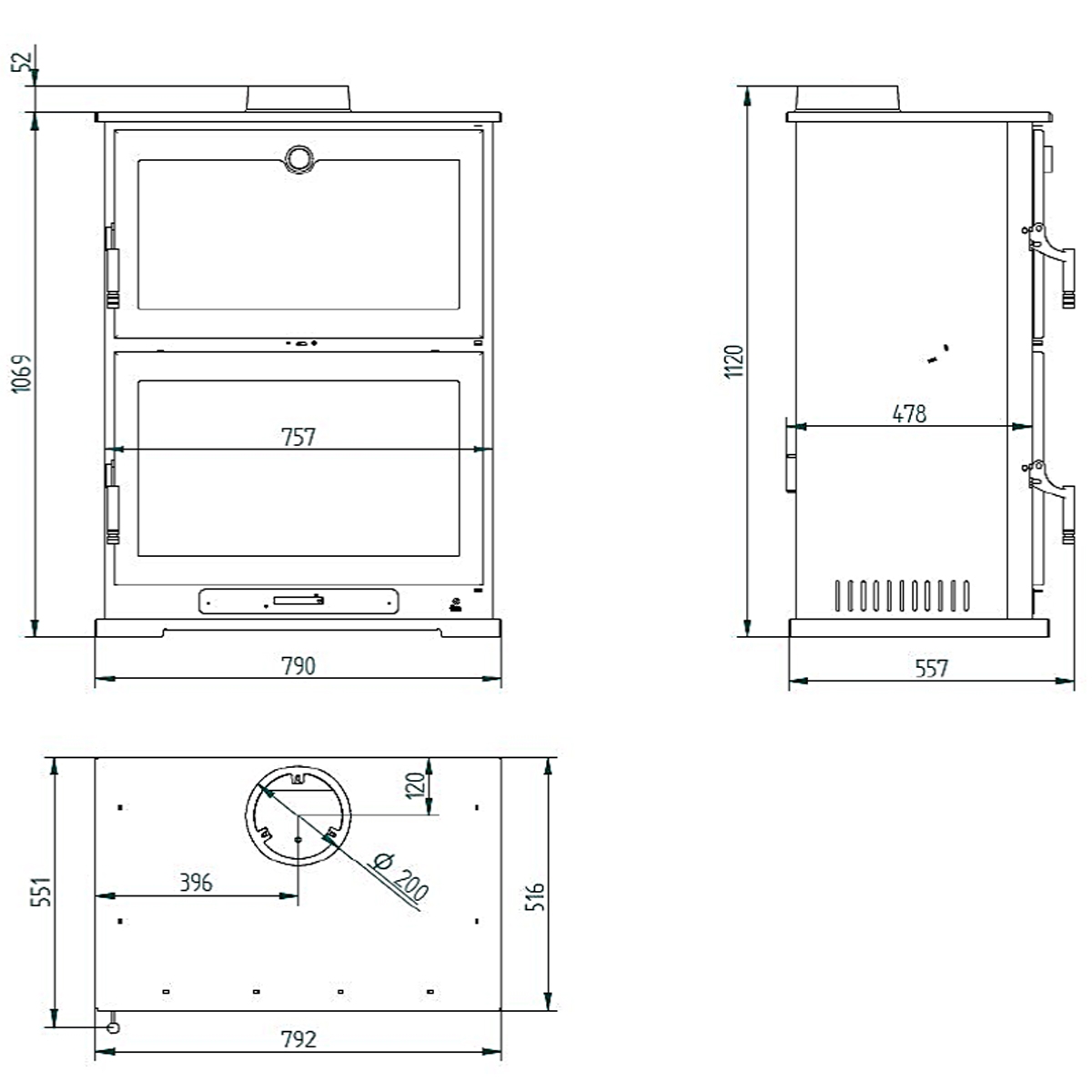 Front wood stove with CH-9 oven (New model) diagram measurements