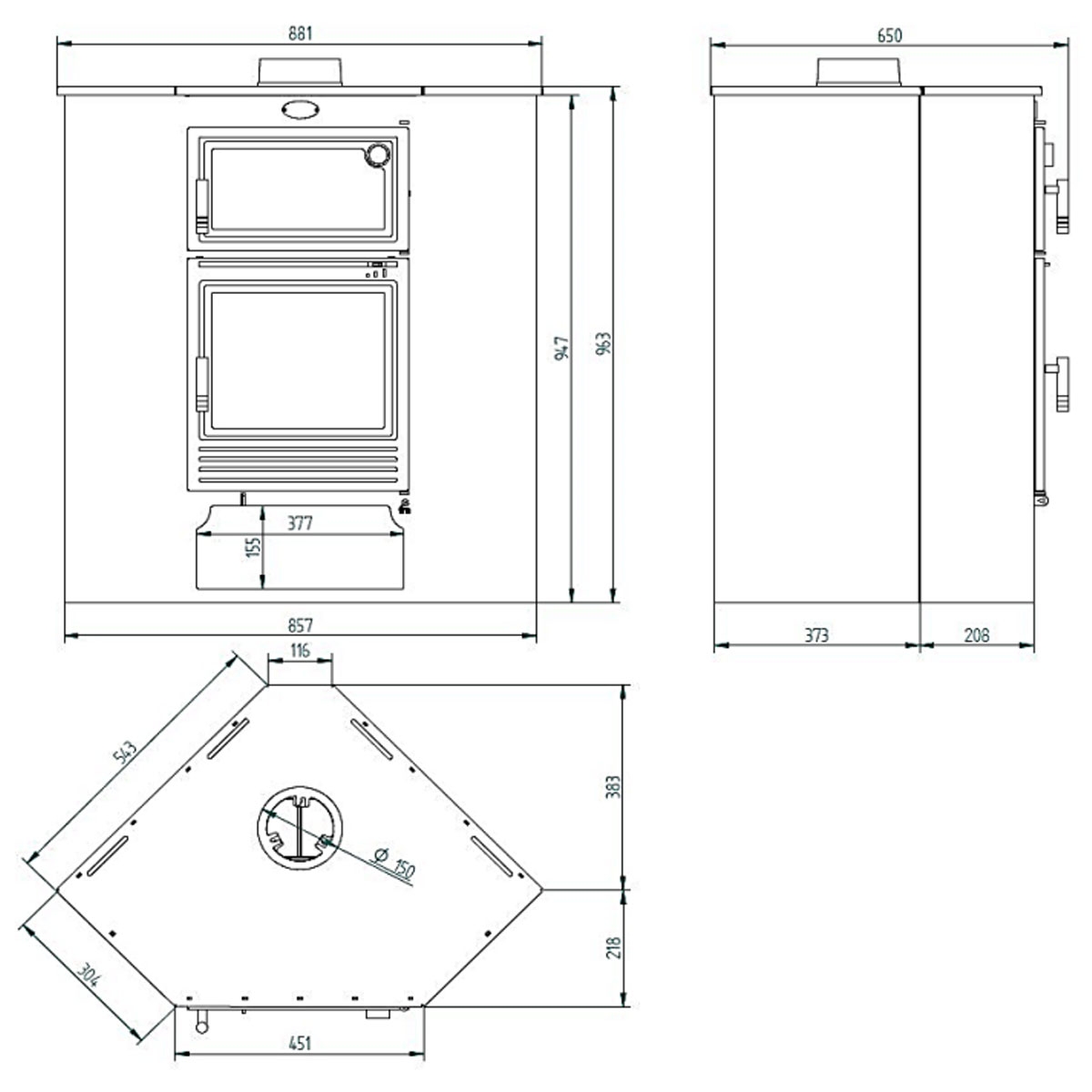 Poêle à bois Rincón M-105 H mesures