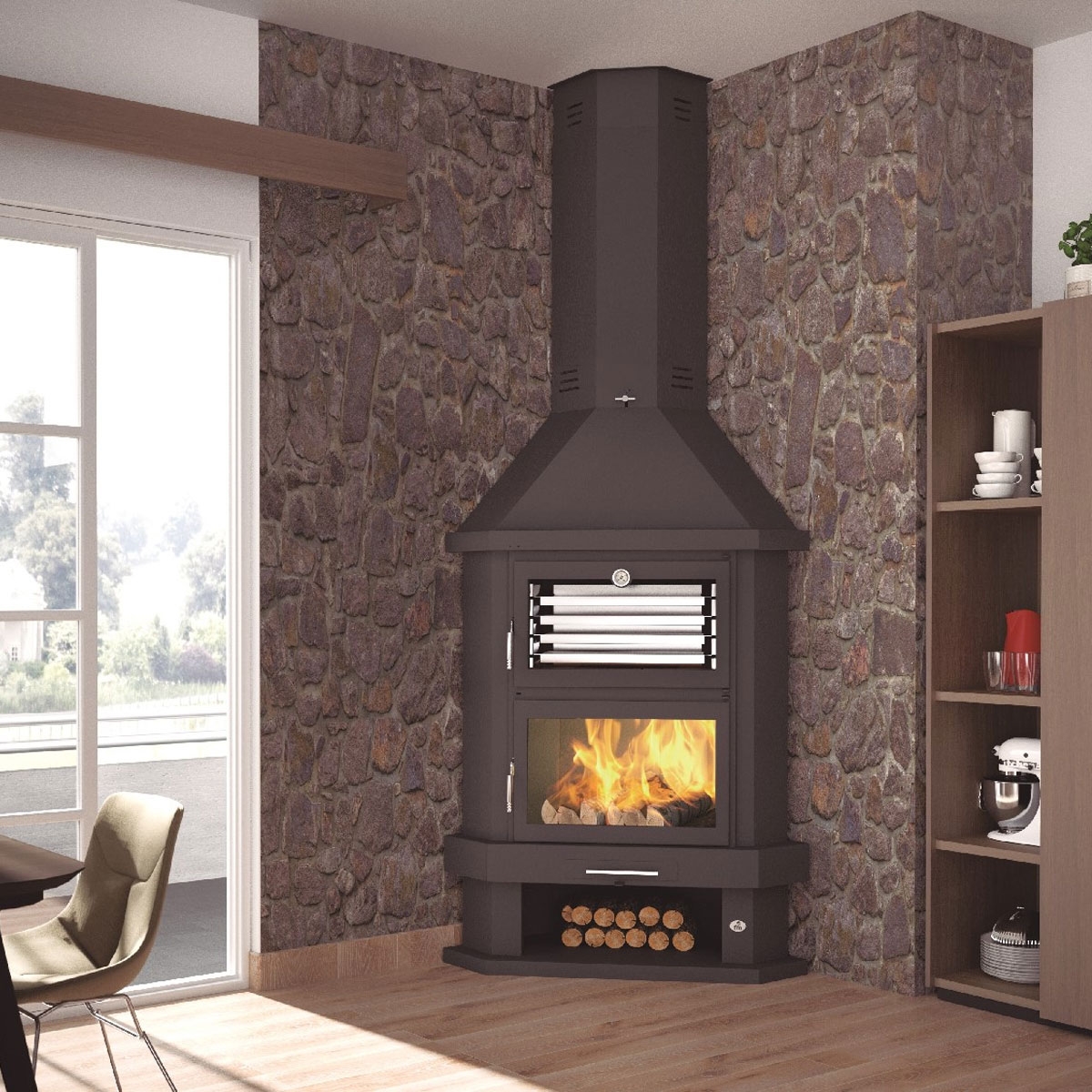 Foyer au bois d’angle avec four C-200 RH FM chauffage