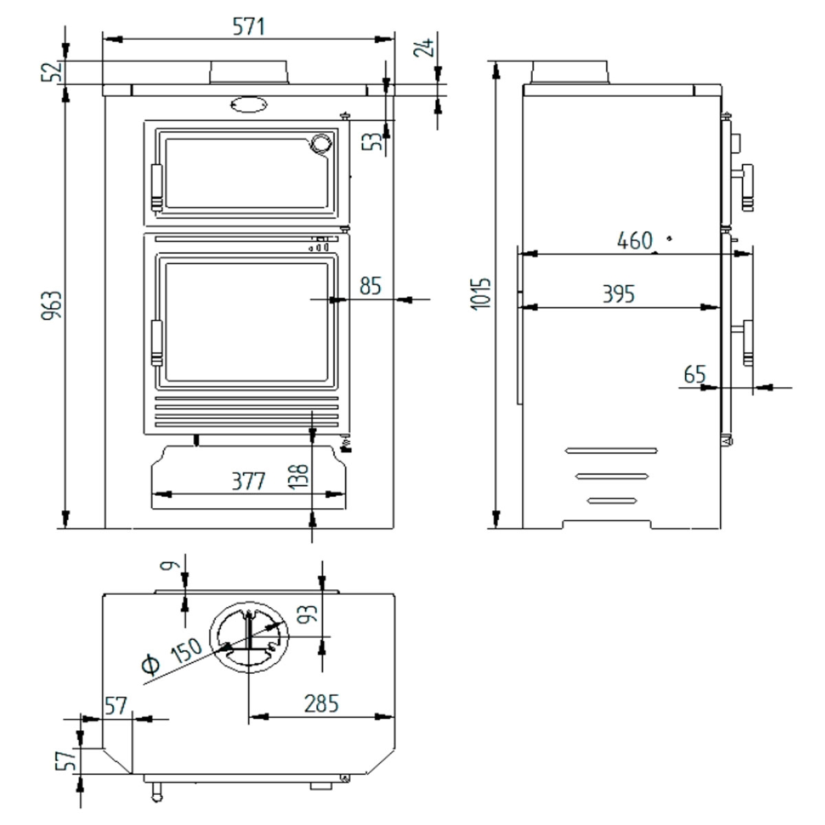 Front wood stove with oven M-104 measures