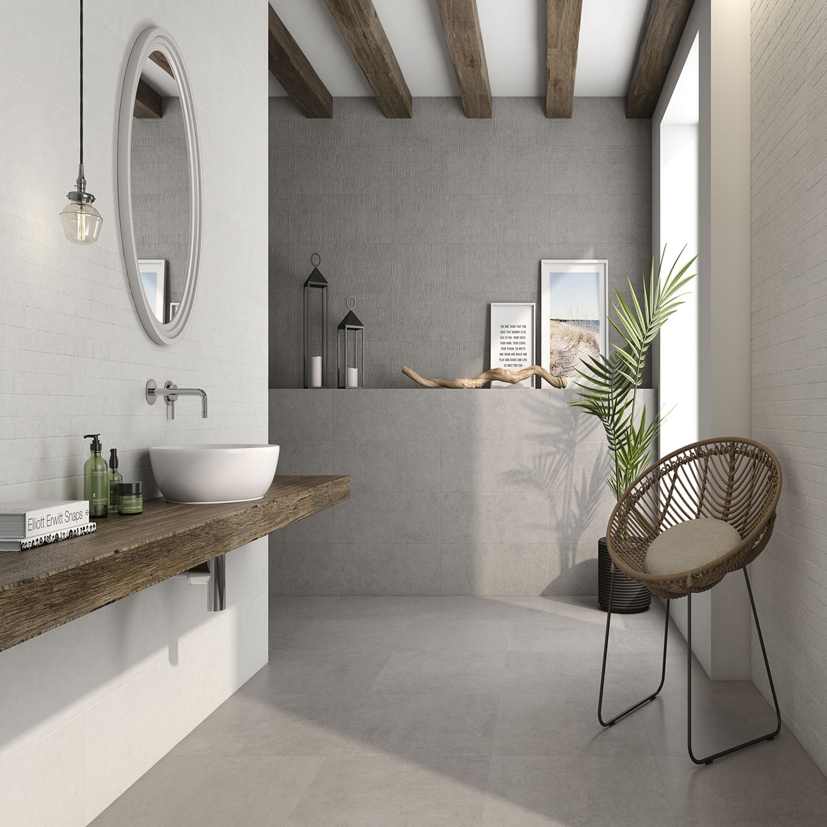 Bathroom with Wave Wood Concrete cladding 25x75