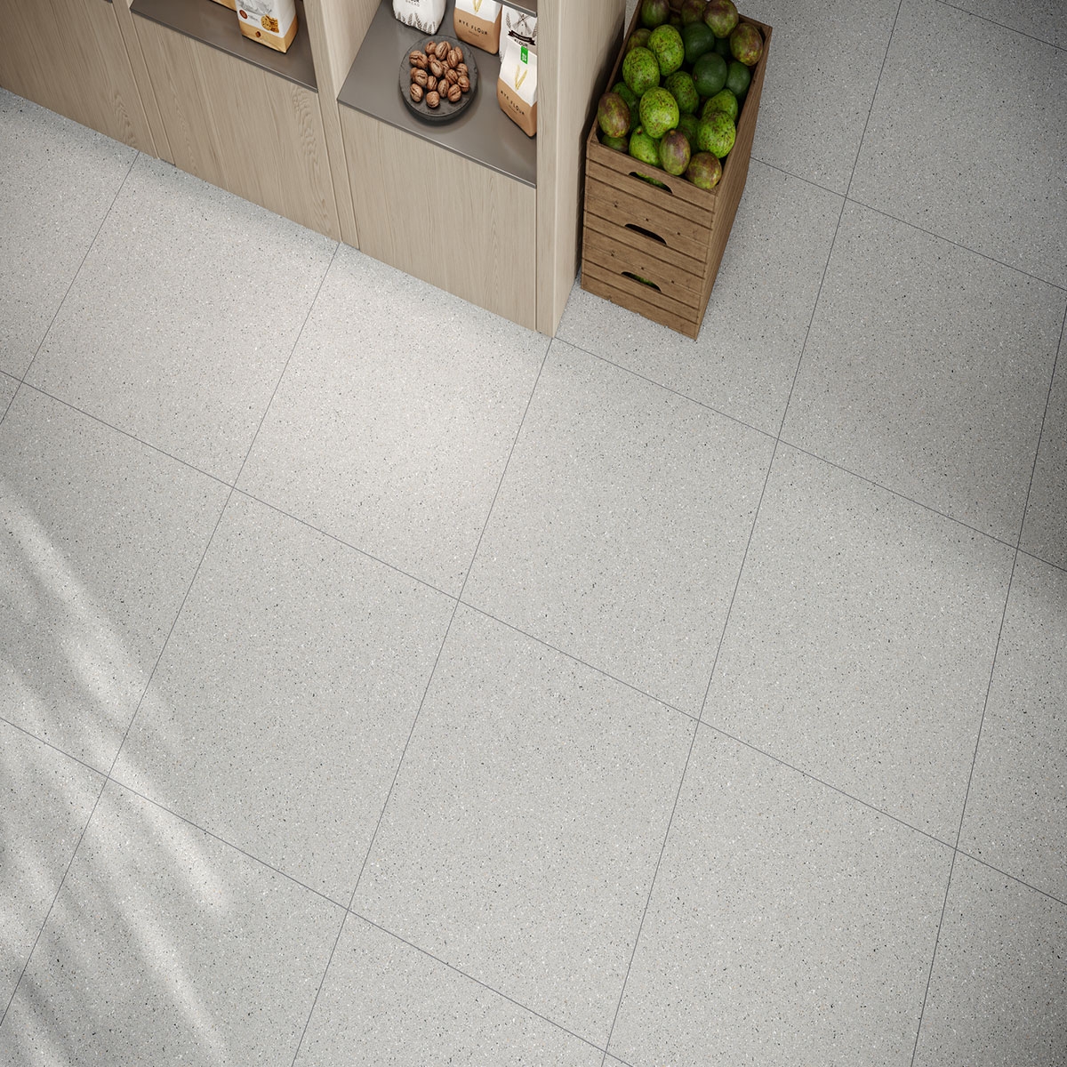 Interior con pavimento Area Max Perla 60x60