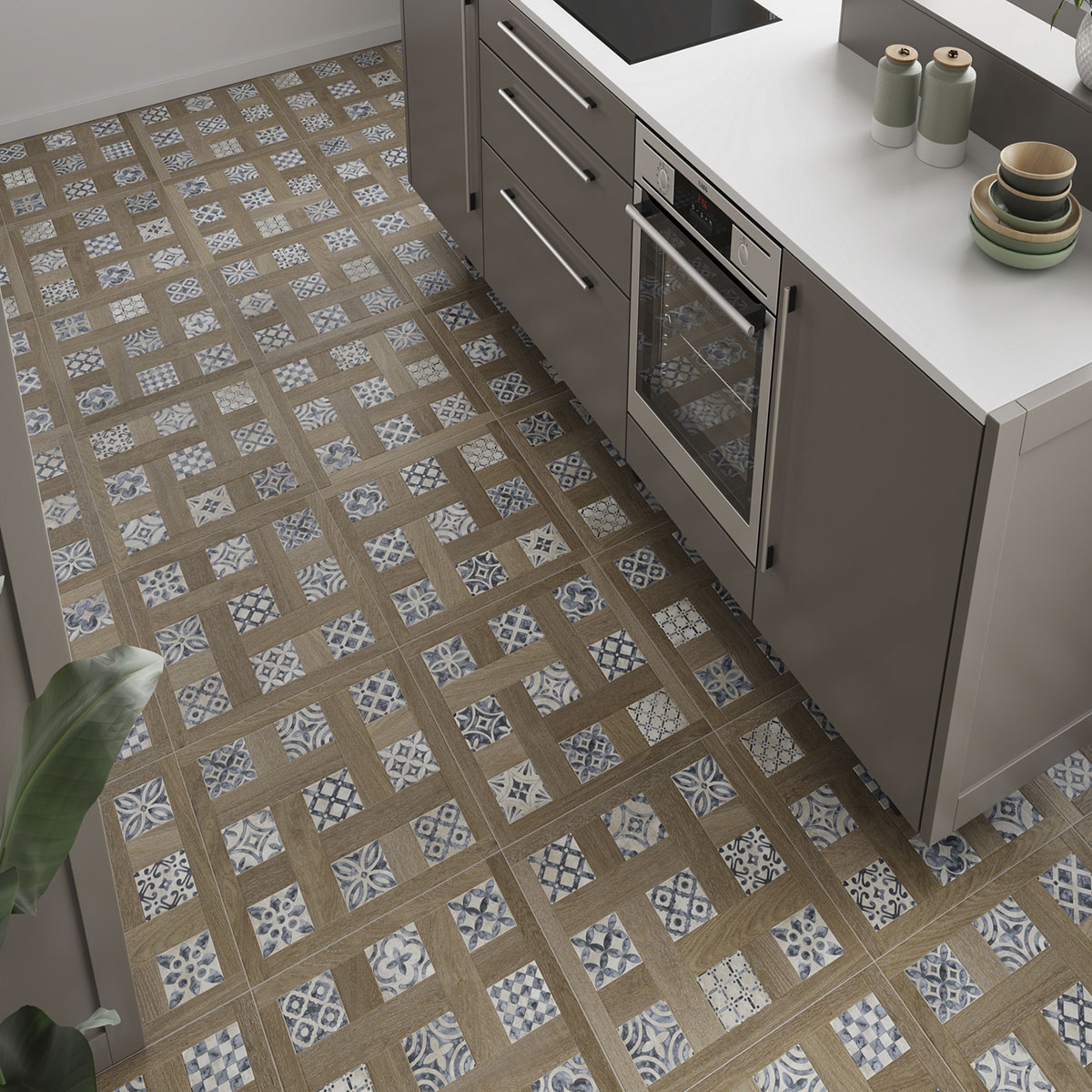 Interior con pavimento Atelier Hydraulic 60x60