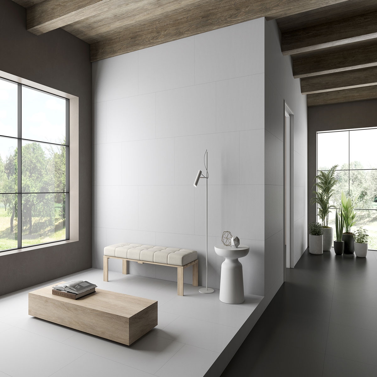 Interior com pavimento e revestimento Carpenter Pearl 60x120