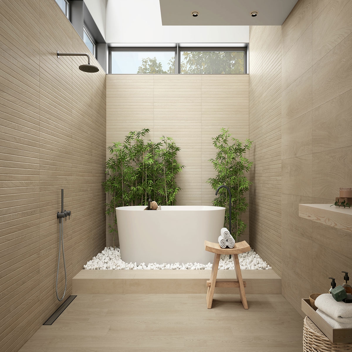 Badezimmer mit Clash Line Eichenverkleidung 30x90