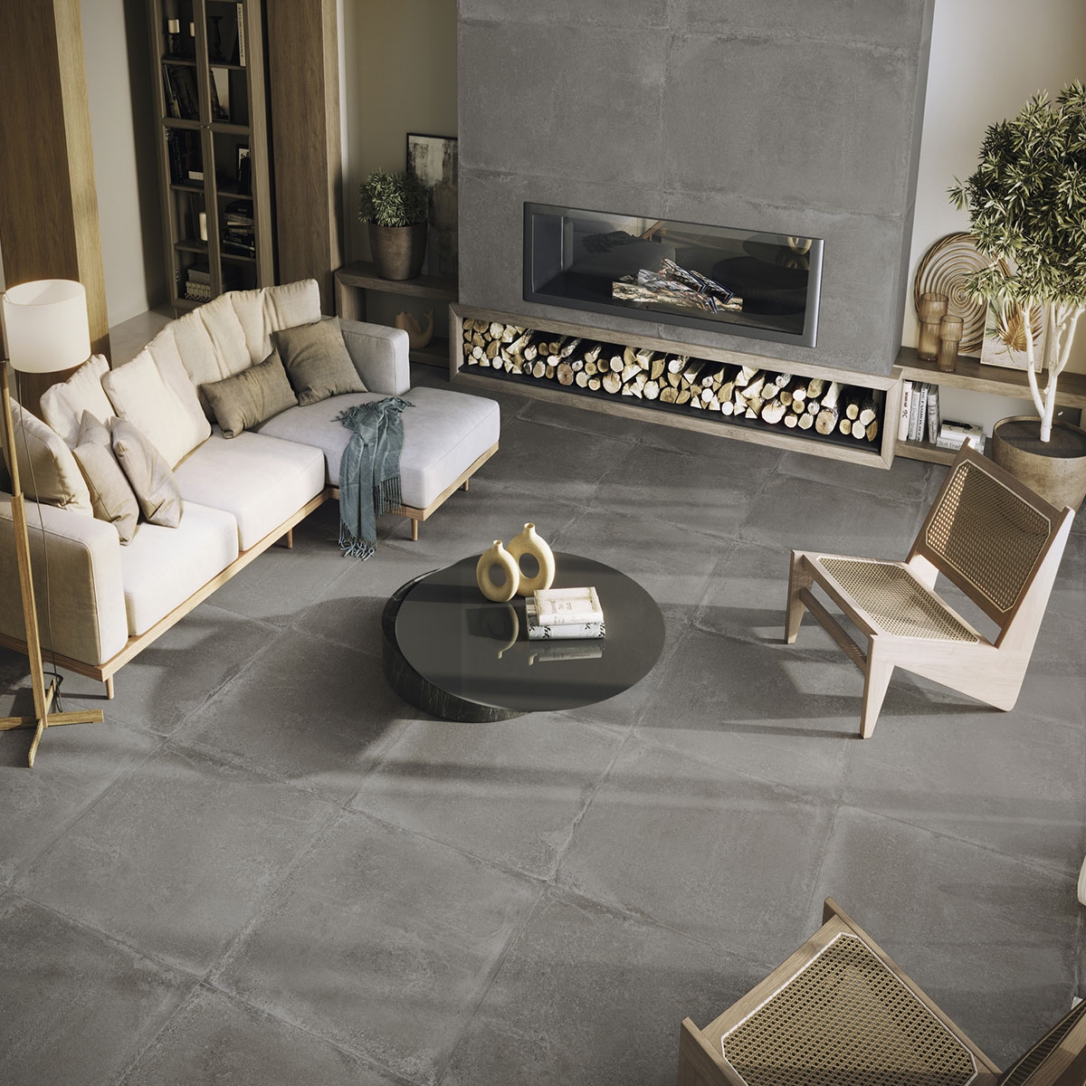 Interior com pavimento Davenport Dark 90x90