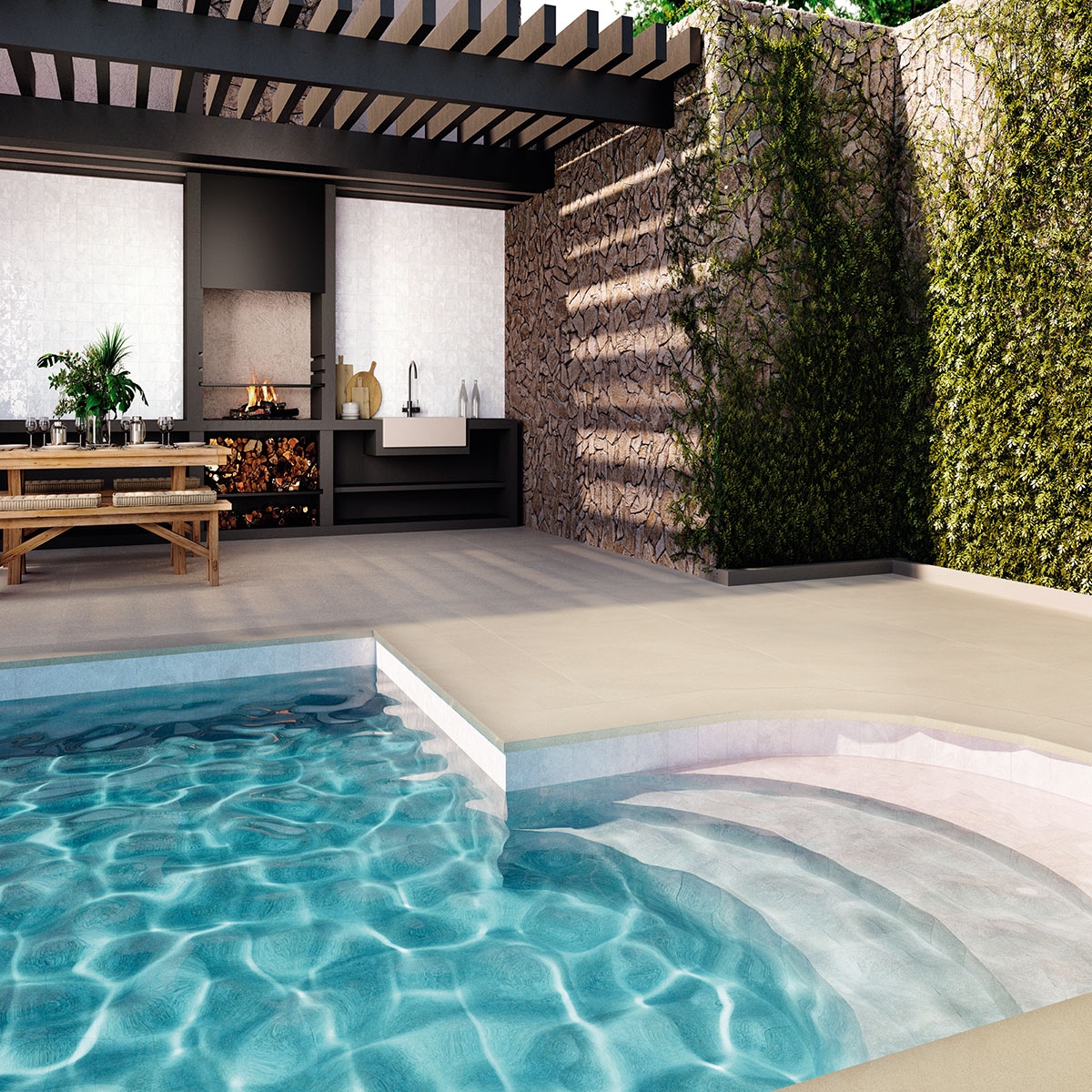 Piscina con pavimento Burlington Ivory Antideslizante 60x120