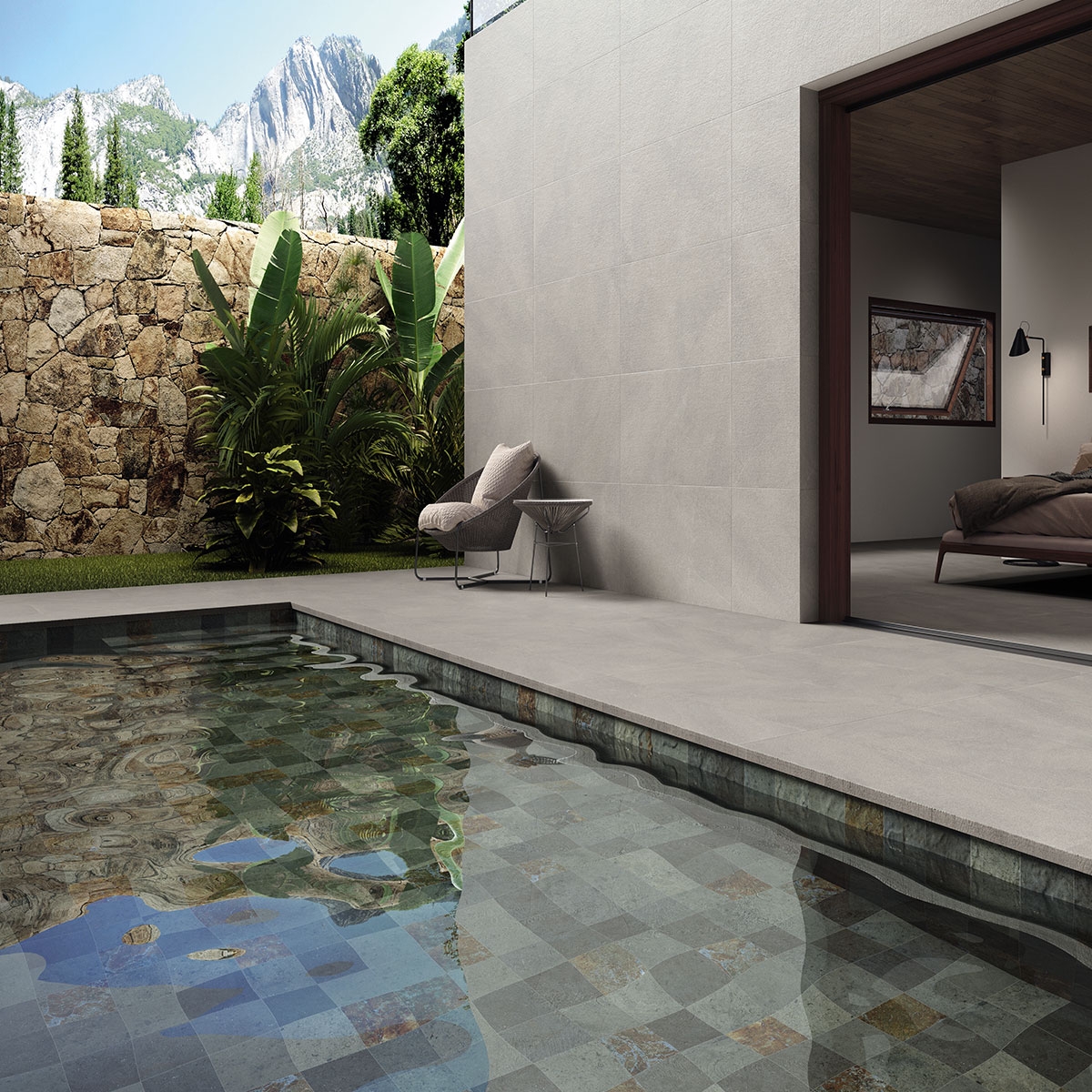 Exterior con pavimento Burlington Peldaño Recto Grey Antideslizante 33x120