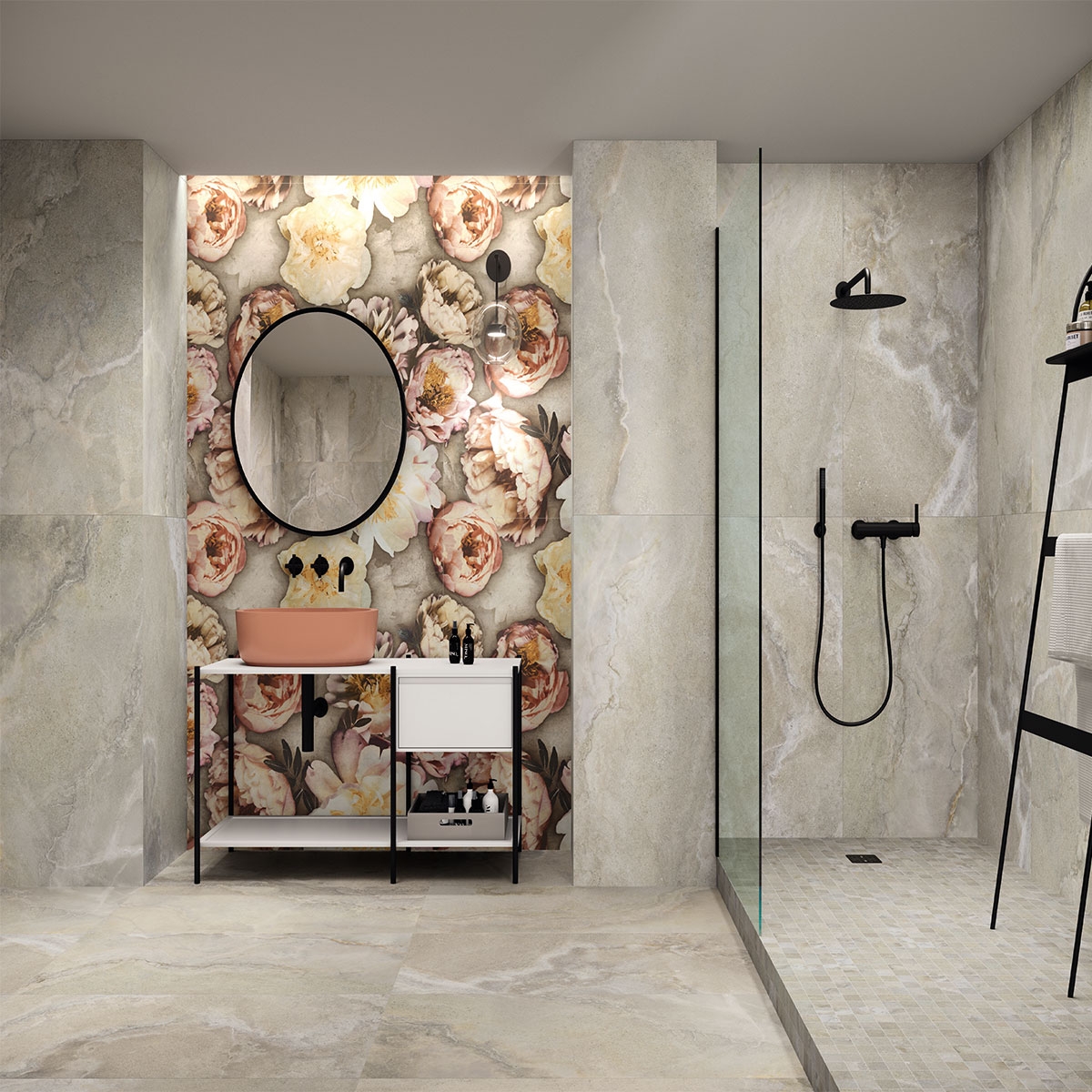 Bathroom with Cross Sand Mosaic flooring 30x30