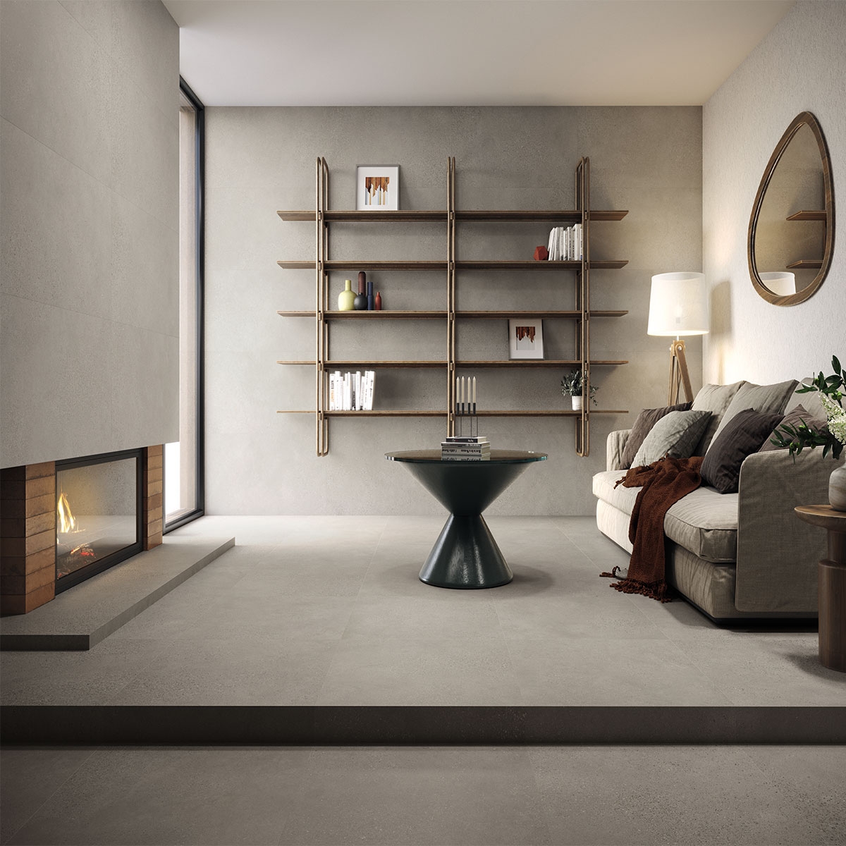 Interior con pavimento y revestimiento Illinois Grey Mate 60x120