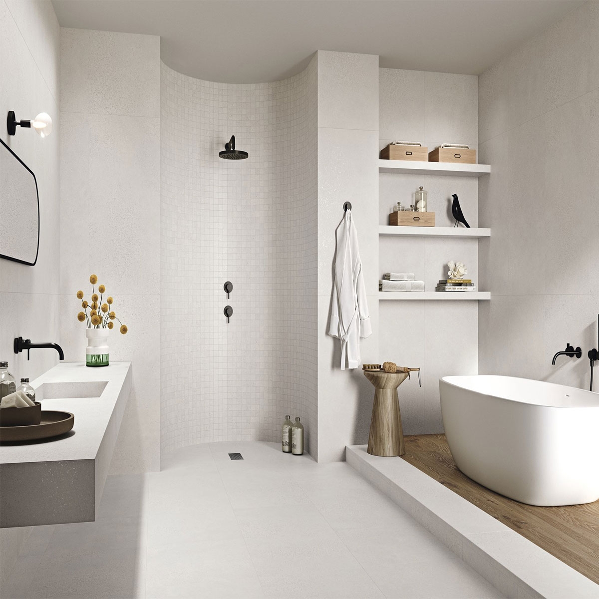 Baño con pavimento Illinois White Malla 30x30