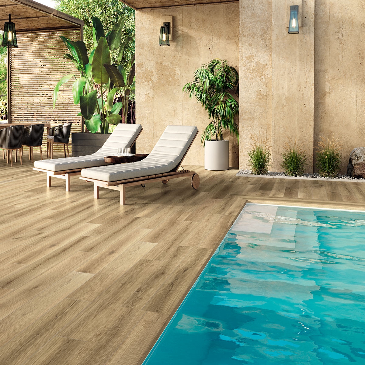 Exterior con pavimento Koen Caramello Antideslizante 20x120