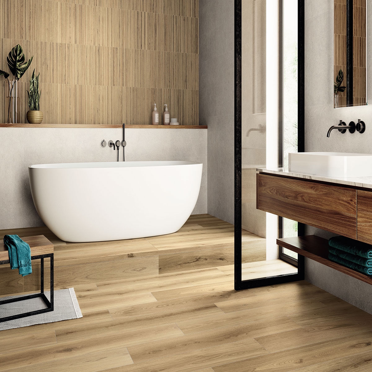 Baño con pavimento Koen Caramello Antideslizante 20x120