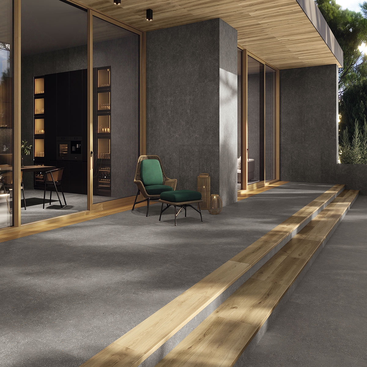 Exterior com pavimento Koen Caramello Antiderrapante Mate 20x120