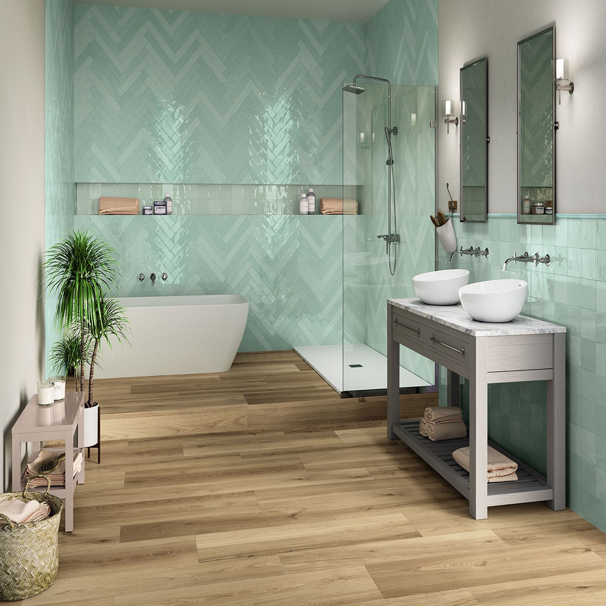 Baño con pavimento Peldaño Recto Koen Caramello 33x120