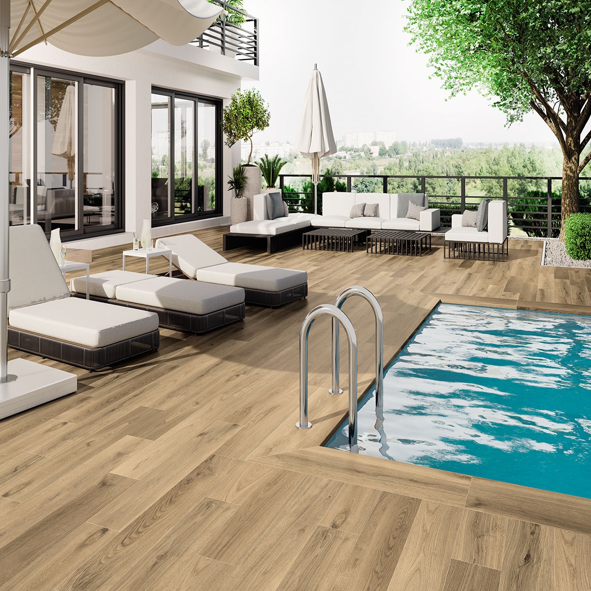 Exterior con pavimento Koen Miele Antideslizante 20x120