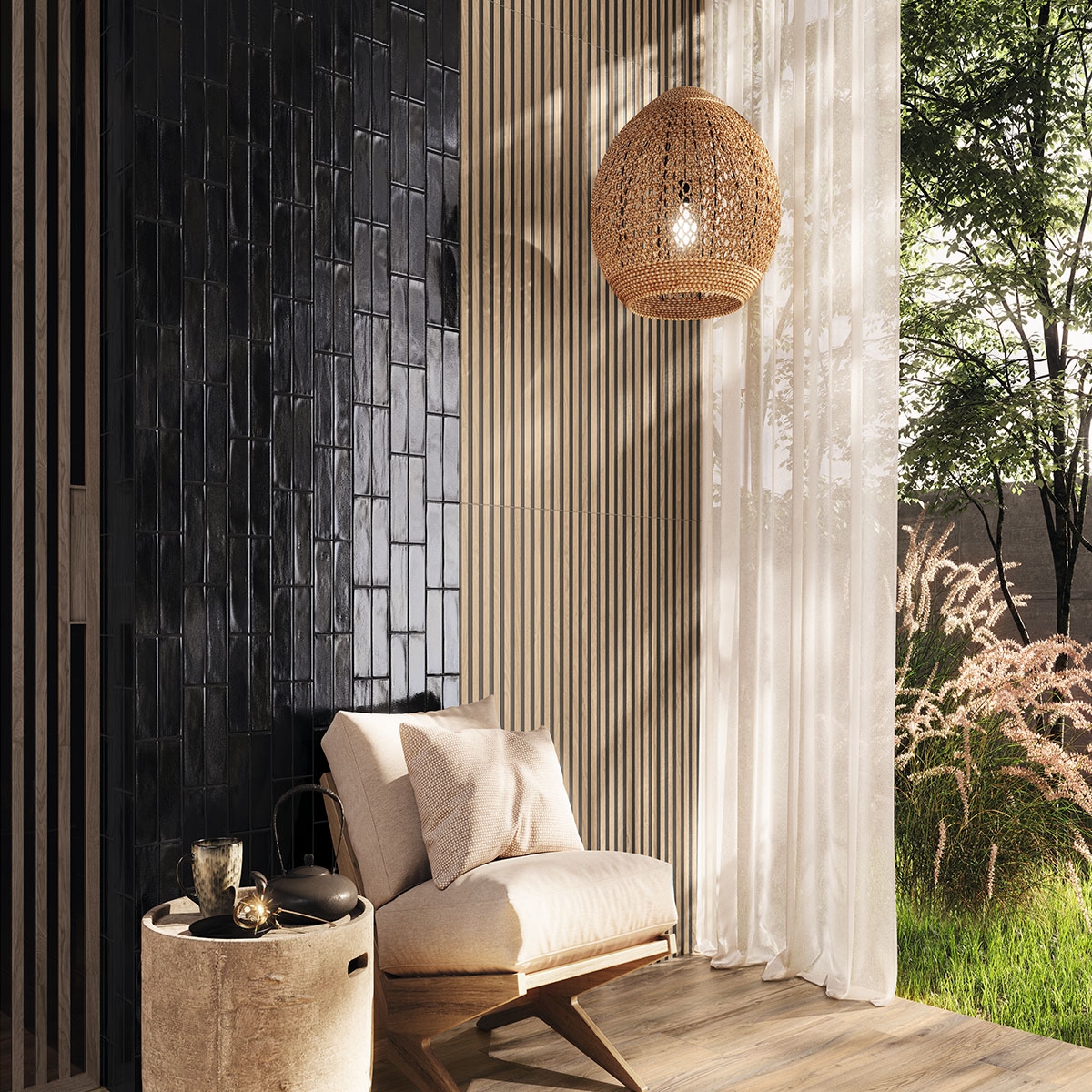 Sala con revestimiento Sequoia Charlotte Honey 60x120