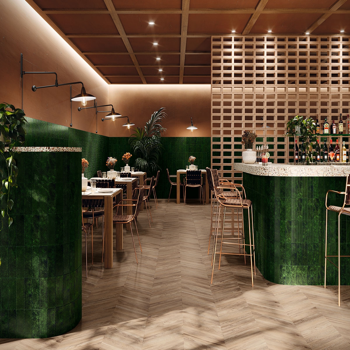 Restaurante con pavimento Chevron Sequoia Walnut 8,5x44