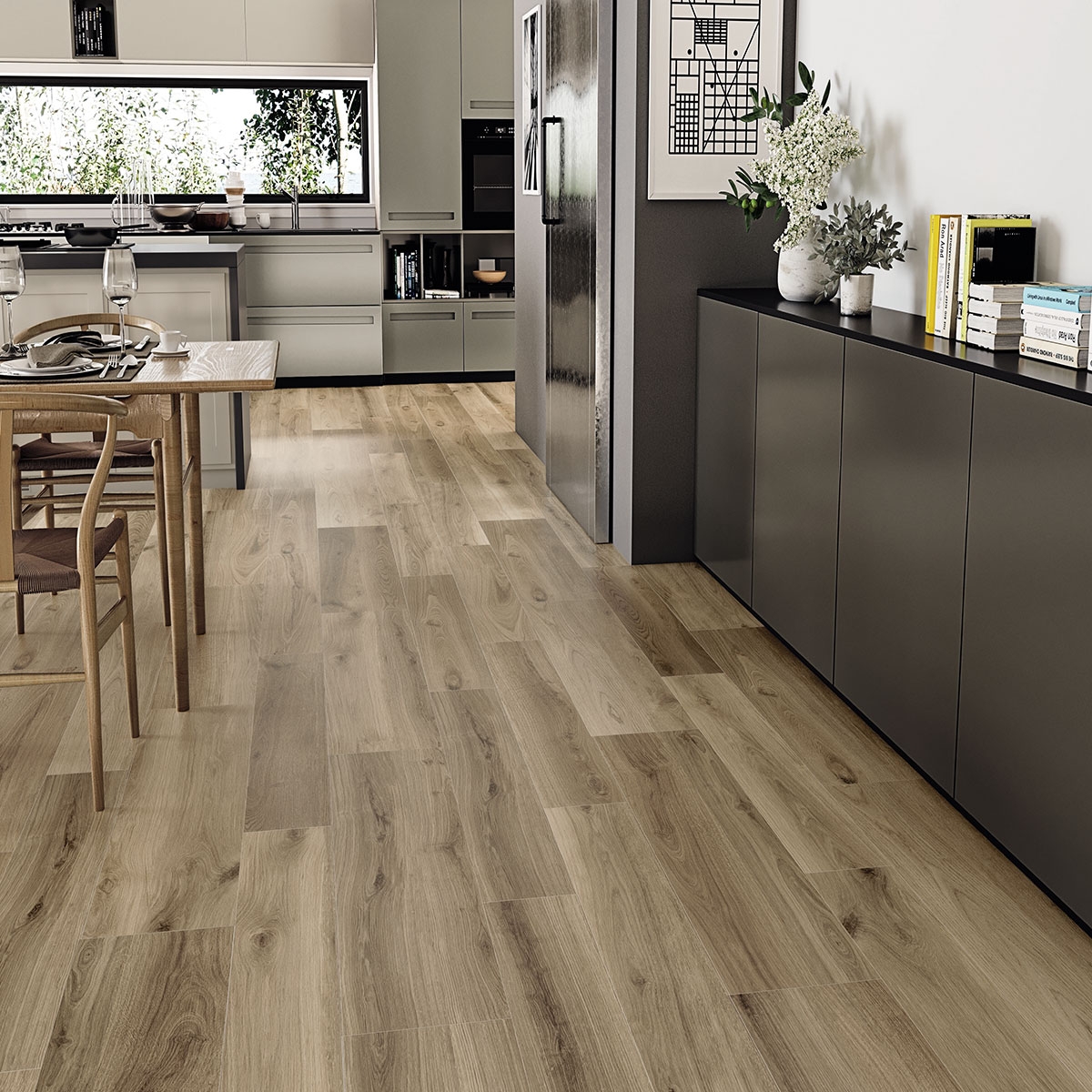 Cocina con pavimento Koen Naturale Mate 20x120