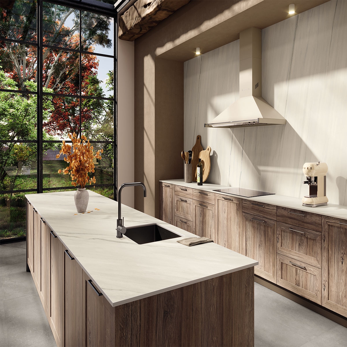 Pense cozinha cinza com piso 60x120