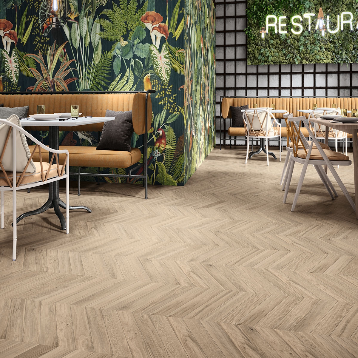 Interior con pavimento Chevron Sequoia Birch 8,5x44