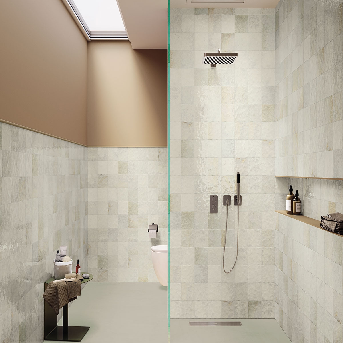 Baño con pavimento y revestimiento Niagara Natural 15x15