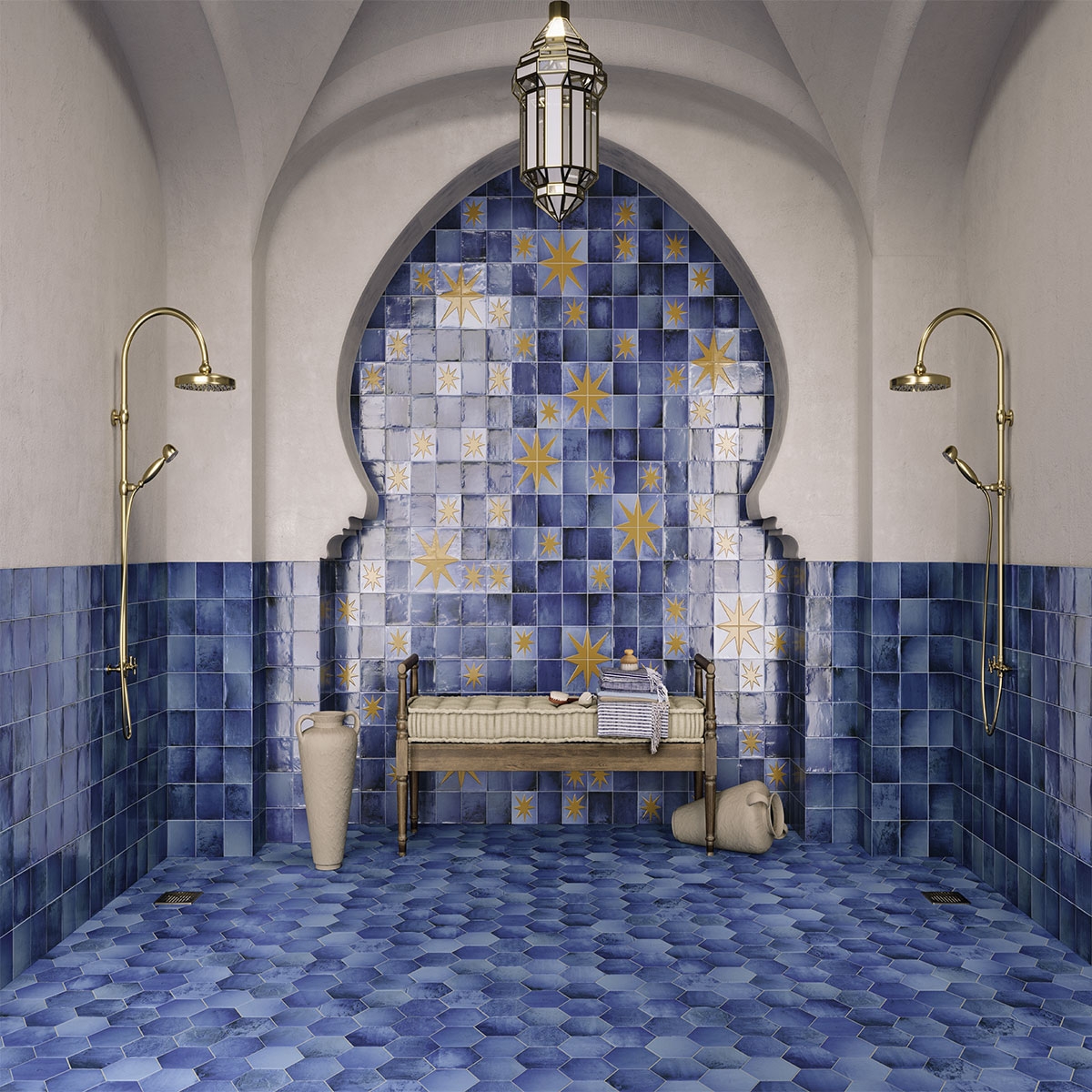 Baño con pavimento y revestimiento Sintra Decor Star I Misty Blue 12,4x12,4