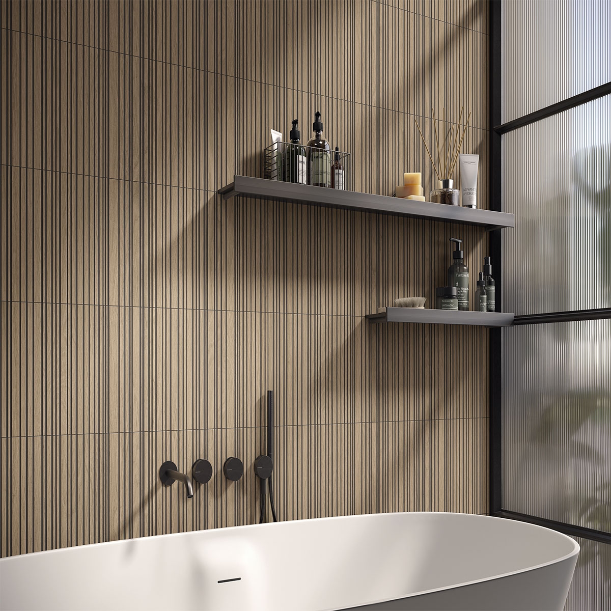 Salle de bain avec revêtement de sol noir Kinfolk Kinstone 30x90