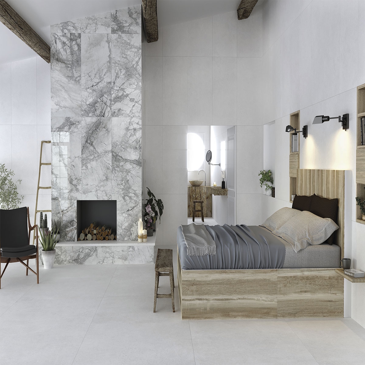 Interior con revestimiento Wabi Sabi Bianco Lapatto 120x120