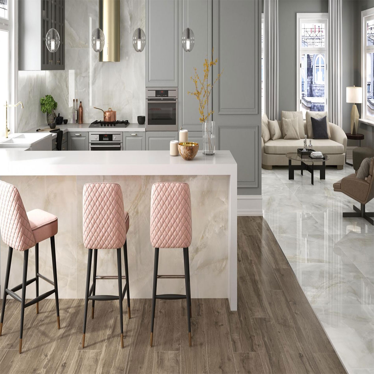 Cocina con pavimento CR Sardonyx Cream Saten 60x120