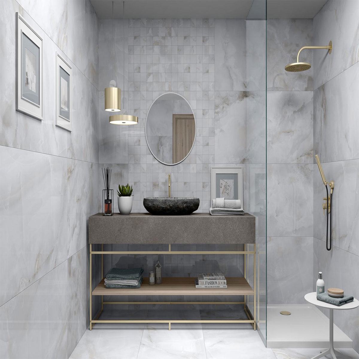 Salle de bain avec sol CR Sardonyx Perle Satiné 60x120