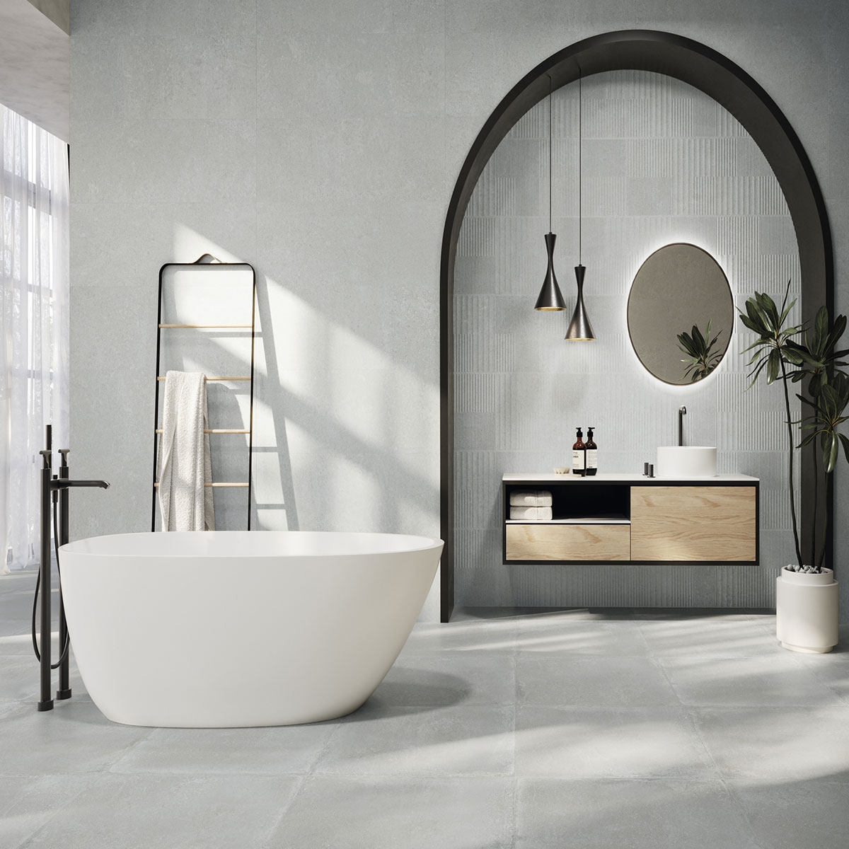 Baño con pavimento Davenport Groove Grey 40x120